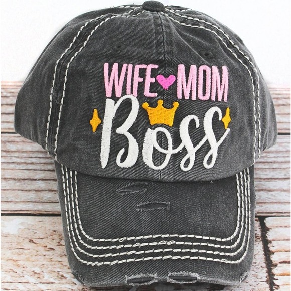 Accessories - Distressed "Wife Mom Boss" Baseball Cap Hat